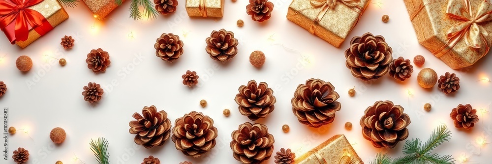 This festive flat lay image captures the joy of Christmas with a beautiful arrangement of wrapped gifts, pine cones, and Christmas decorations. The warm golden tones and sparkling lights create. This festive flat lay image captures the joy of Christmas with a beautiful arrangement of wrapped gifts, pine cones, and Christmas decorations. The warm golden tones and sparkling lights create.