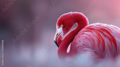  a pink flamingo standing in the snow, its feathers glistening in the light The background is slightly blurred, giving the bird a sense of focus and prominence