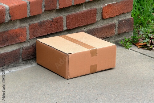 A cardboard delivery box sitting on a doorstep, slightly crumpled but intact