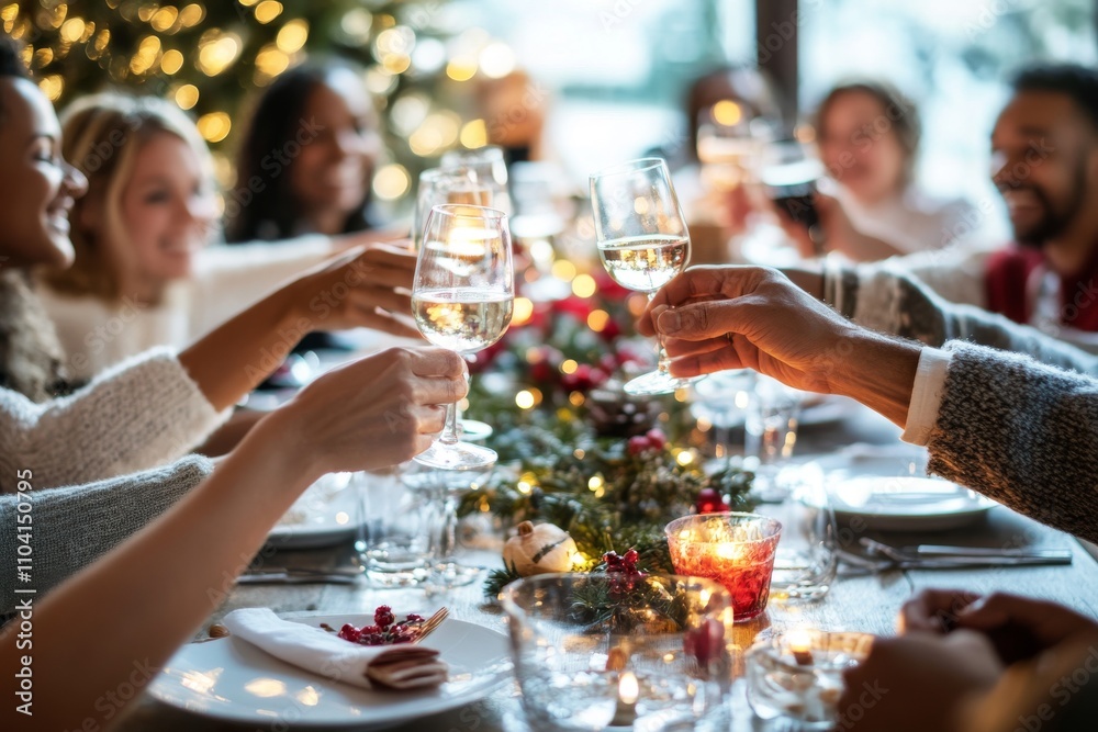 An evening of Thanksgiving dinner with friends toasting with wine.