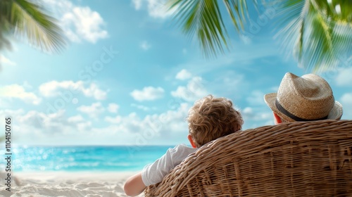  a man and woman sitting in a wicker chair on the beach, looking out at the ocean The man is wearing a white t-shirt and a hat, while the woman is wearing an unknow photo