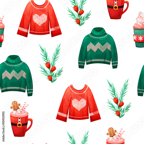 Seamless pattern of ugly Christmas sweater, coffee in cute cup and yew plant