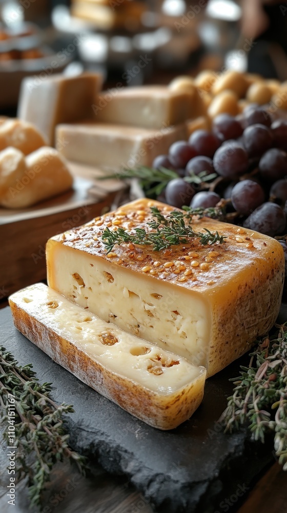 A beautifully arranged gourmet cheese board featuring an artisan cheese block, adorned with fresh grapes and sprigs of aromatic herbs on a rustic slate slab. A beautifully arranged gourmet cheese board featuring an artisan cheese block, adorned with fresh grapes and sprigs of aromatic herbs on a rustic slate slab.
