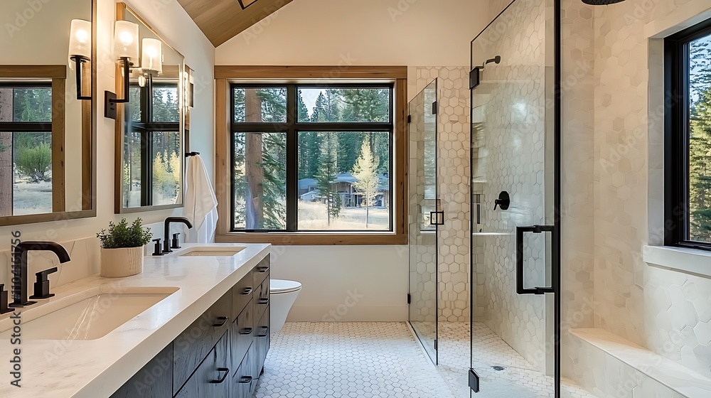 A stylish bathroom with hexagonal tiles, a sleek glass shower, and black fixtures A stylish bathroom with hexagonal tiles, a sleek glass shower, and black fixtures