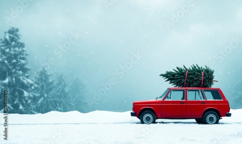 A car stuck on a snowy road during a Christmas winter storm, with a Christmas tree strapped to the roof and heavy snow swirling in the air 