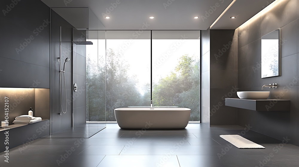 A minimalist bathroom with a walk-in shower, glass enclosure, and sleek chrome fixtures A minimalist bathroom with a walk-in shower, glass enclosure, and sleek chrome fixtures
