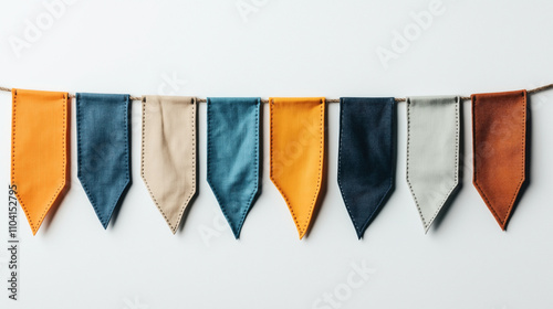Colorful fabric pennant banner with six triangular flags in orange, blue, beige, and grey hanging on a string against a white background