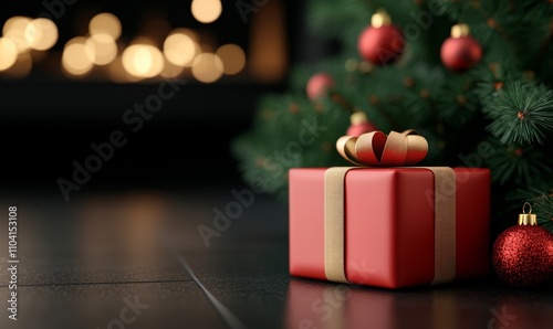 Christmas gift under tree with ornaments by fireplace, featuring warm reds, greens, and golden lights 