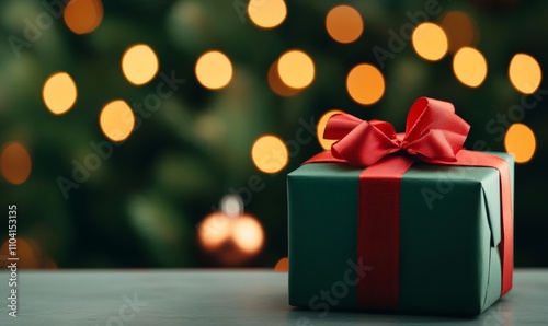 Christmas gift under tree with ornaments by fireplace, featuring warm reds, greens, and golden lights 