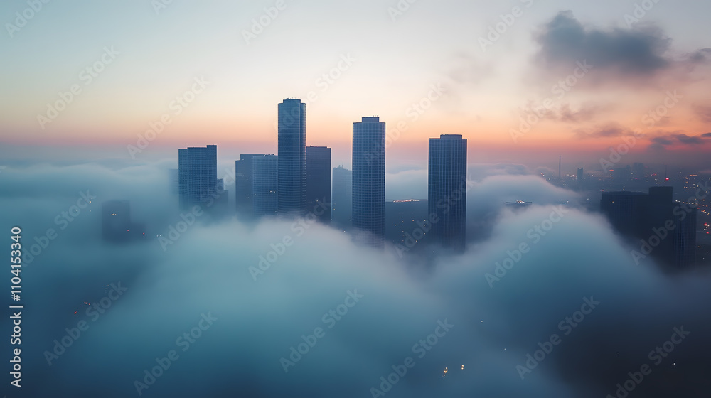 Fototapeta premium fog over city, skyline above the clouds