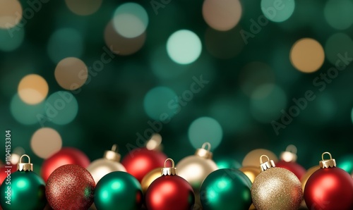 Christmas tree adorned with colorful baubles and blurred shiny lights, featuring green, red, and gold hues 