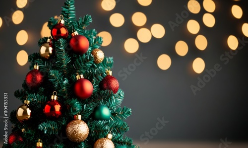 Christmas tree adorned with colorful baubles and blurred shiny lights, featuring green, red, and gold hues 