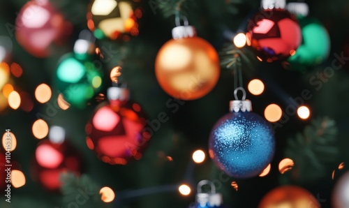 Christmas tree adorned with colorful baubles and blurred shiny lights, featuring green, red, and gold hues 