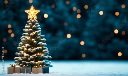 Christmas tree adorned with shiny star and gift boxes in a snowy winter forest at night; greens, whites, blues, and gold 