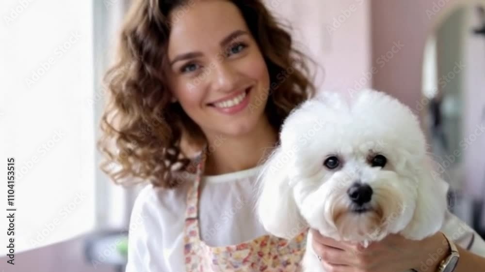 Dog groomer and fluffy poodle in colorful sunlit grooming salon Dog groomer and fluffy poodle in colorful sunlit grooming salon