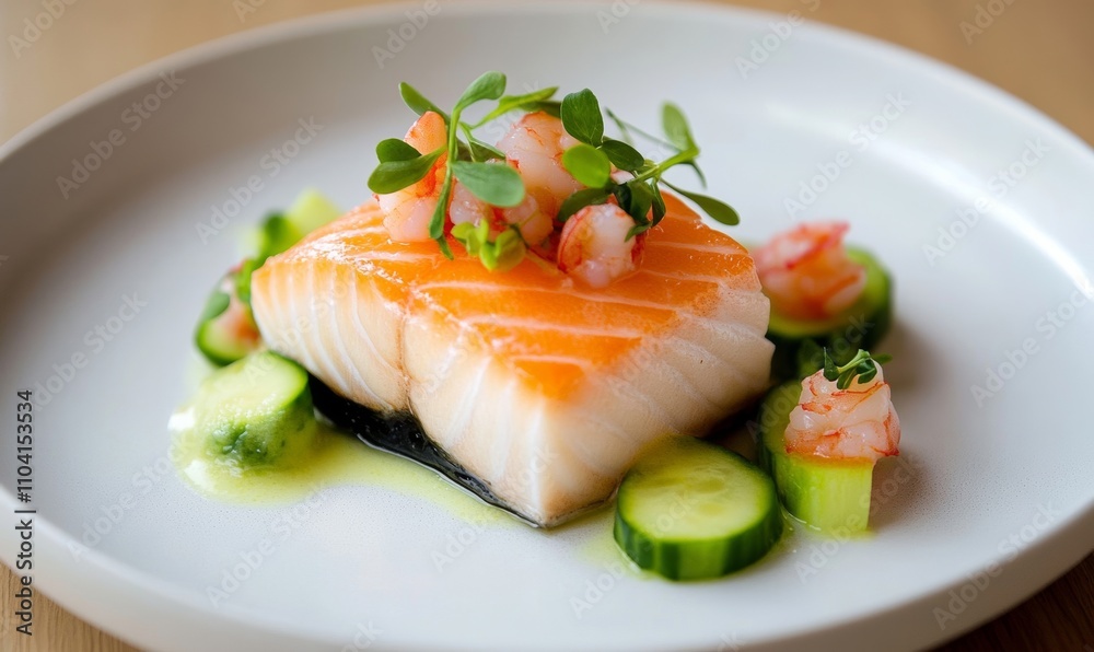 Close-Up: Danish Stjerneskud culinary masterpiece of fish and shrimp; Nordic artistry with black, white, pink Close-Up: Danish Stjerneskud culinary masterpiece of fish and shrimp; Nordic artistry with black, white, pink
