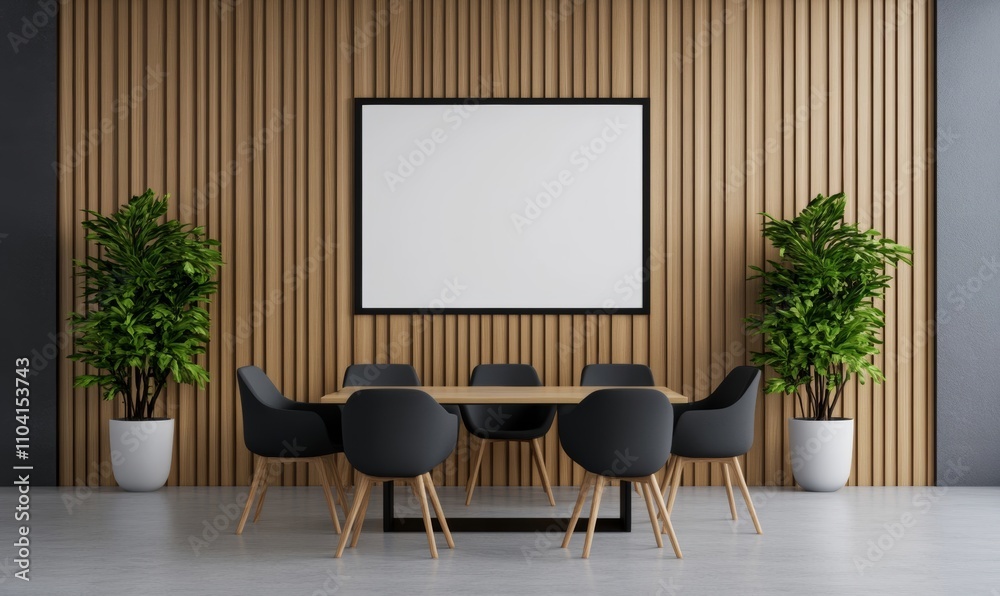 Fototapeta premium Conference room with modern office setting, featuring a whiteboard on easel and flow chart; blue, grey, and white 