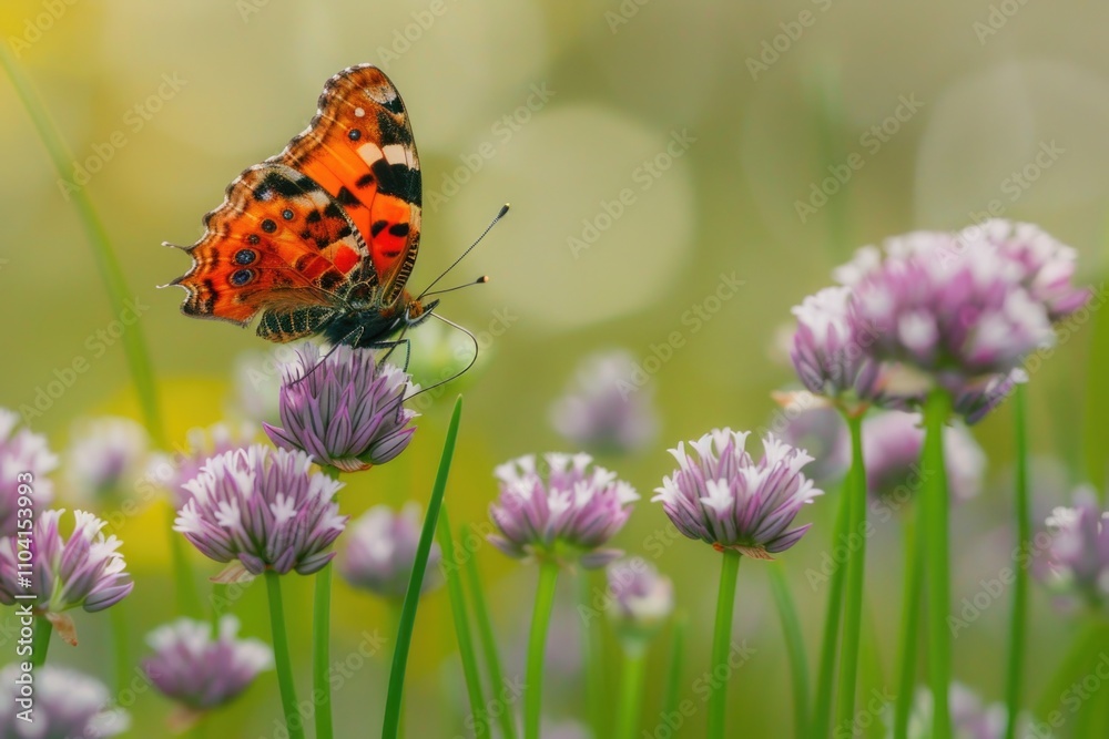 A butterfly sits on top of a purple flower A butterfly sits on top of a purple flower