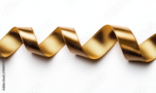 Curly gold ribbon for Christmas and birthday gifts, isolated on white background, with festive colors 