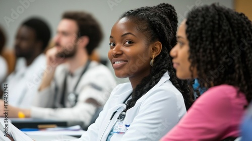 Multicultural students participating in medical studies during classroom session