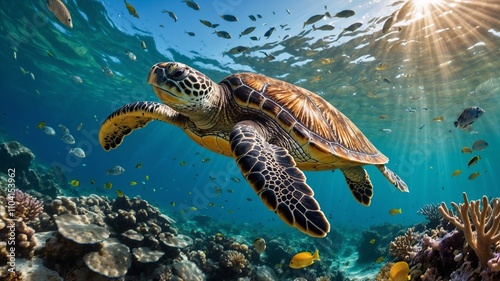 Stunning underwater shot of a green sea turtle gracefully swimming amidst vibrant coral and tropical fish. Sunbeams illuminate the scene.