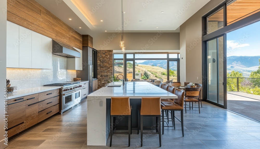 Fototapeta premium Modern Kitchen with Island and Mountain View