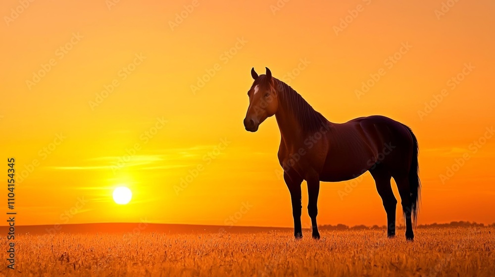 a photostock of a silhouette of a horse standing on a plain field under a soft gradient sky, majestic animal 2025