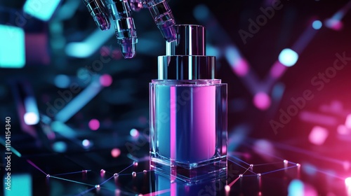 Robotic hand near a futuristic blue perfume bottle.