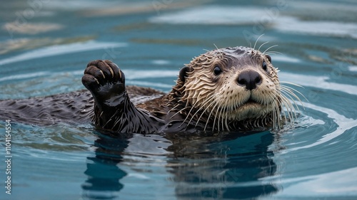 Adorable sea otter playfully waves its paw while swimming in clear blue water.  Perfect for nature, wildlife, and animal themes. photo