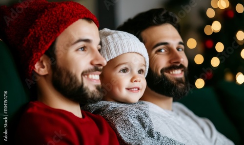 Family enjoying Christmas movie night at home with popcorn in festive reds and greens 