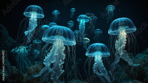 Stunning underwater shot of multiple jellyfish gracefully swimming in dark blue water.  Perfect for nature, ocean, and marine life themes.