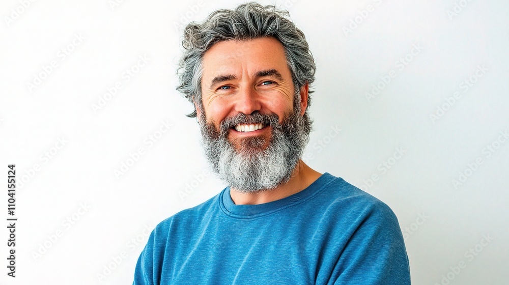Smiling Mature Man with Gray Hair and Beard in Casual Attire Smiling Mature Man with Gray Hair and Beard in Casual Attire