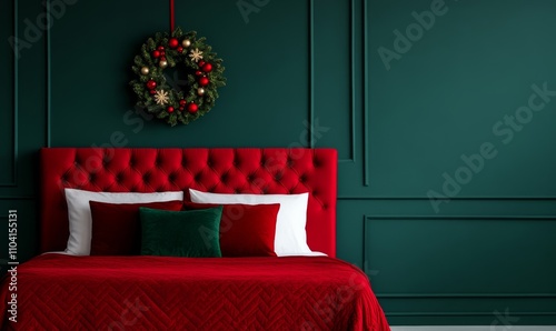 Festive Bedroom Interior: Cozy Bed, Wreath, Christmas Tree; Red, Green, Gold, and White Colors 