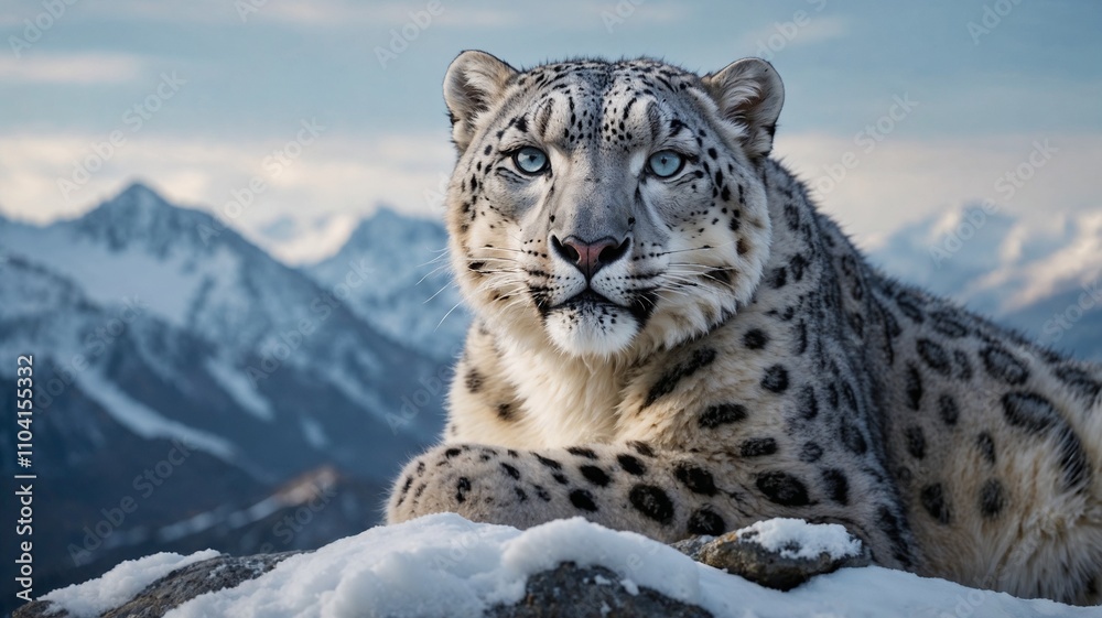 Majestic snow leopard resting on a snow-covered rock in the mountains. Stunning wildlife photography. Majestic snow leopard resting on a snow-covered rock in the mountains. Stunning wildlife photography.