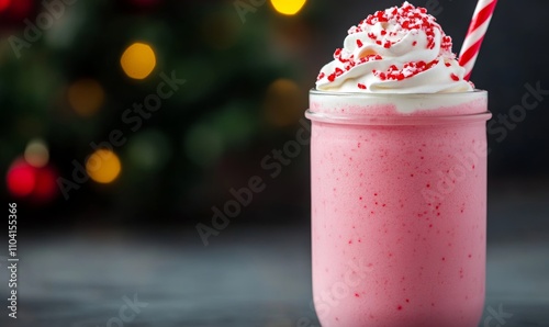 Frosty pink peppermint milkshake served in a mason jar, with a rim coated in crushed candy canes and a dollop of whipped cream on top 