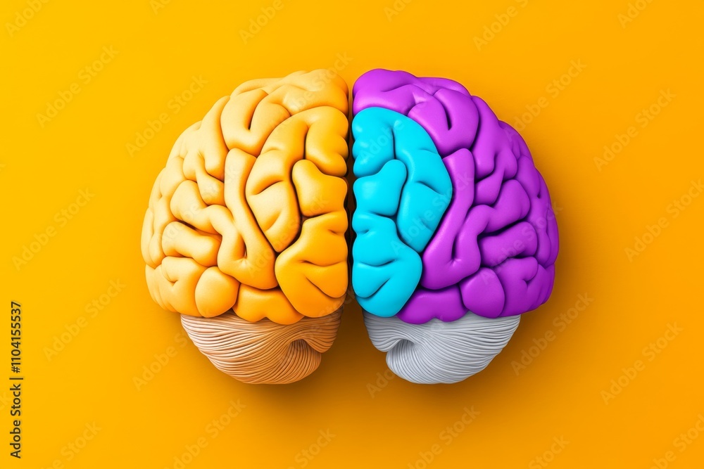 A flat, modern depiction of a brain with two halves in contrasting colors to represent different cognitive functions A flat, modern depiction of a brain with two halves in contrasting colors to represent different cognitive functions
