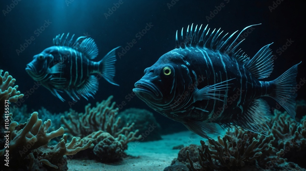 Fototapeta premium Two striking fish swim in a dark ocean habitat, near coral. Underwater scene.