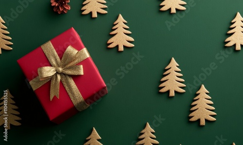 Gift boxes adorned with pine trees on green background; Christmas design in red, gold, and white 