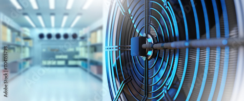 Refrigeration equipment. Conditioner unit. Refrigerated warehouse. Industrial freezer fan for warehouse. Storage room for frozen food. Refrigeration equipment for plant. Creative blurred. 3d image