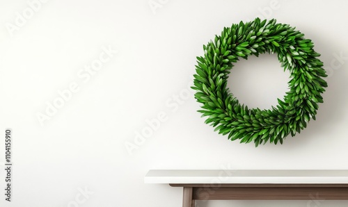 Living room interior featuring a green Christmas wreath, brown table, and white shelf unit 
