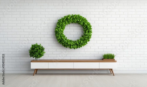 Living room interior featuring a green Christmas wreath, brown table, and white shelf unit 