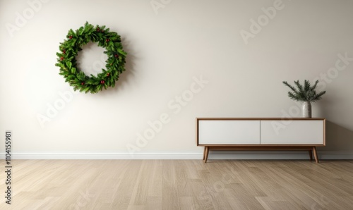Living room interior featuring a green Christmas wreath, brown table, and white shelf unit 