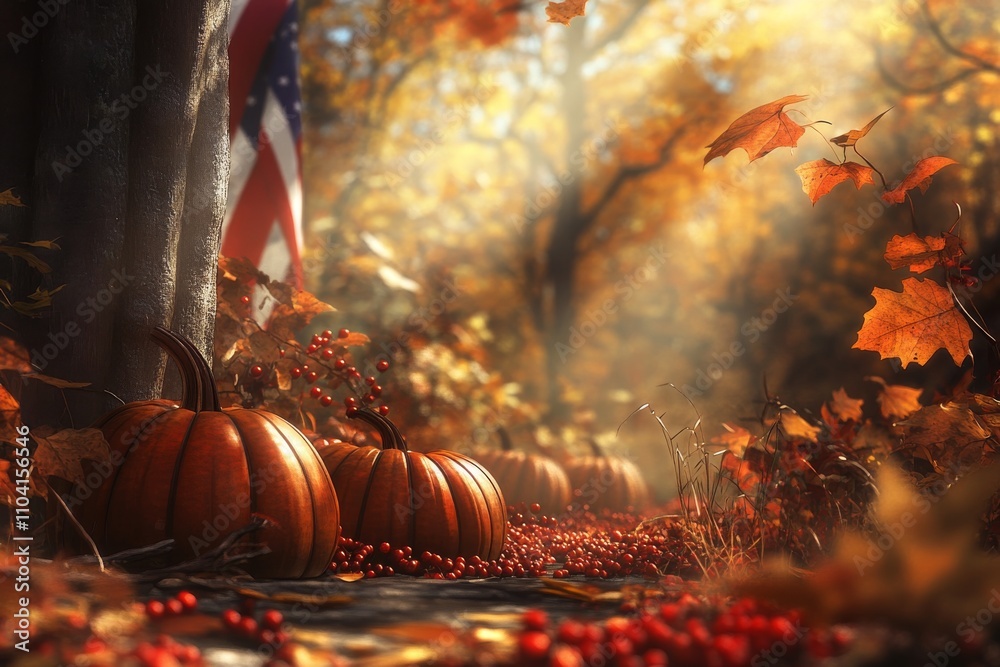 It features Thanksgiving Day text, American flags, and characteristic characteristics of the holiday season. It features Thanksgiving Day text, American flags, and characteristic characteristics of the holiday season.