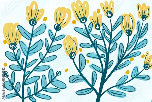 Hand-drawn floral illustration with teal leaves and yellow flowers