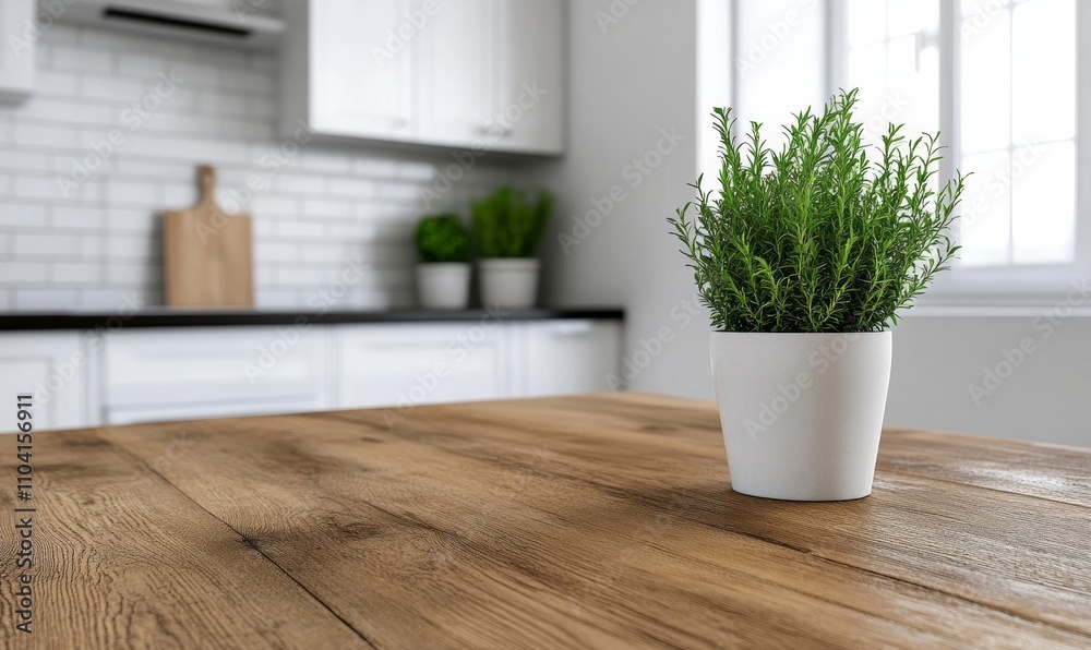 Modern kitchen interior featuring clean wooden table; warm earth tones with white and stainless steel Modern kitchen interior featuring clean wooden table; warm earth tones with white and stainless steel