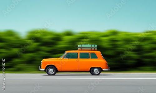 Orange retro car speeding to vacation, adorned with luggage and beach gear, vivid summer hues 