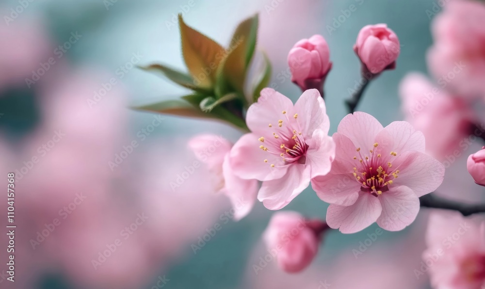 Fototapeta premium Pink cherry blossom flowers adorn a tree branch against a flat background; soft pinks and whites 