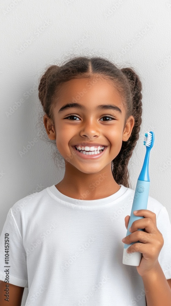 Young girl enjoys dental hygiene routine with electric toothbrush and toothpaste in bright studio setting Young girl enjoys dental hygiene routine with electric toothbrush and toothpaste in bright studio setting