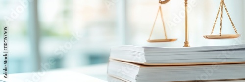 Stack of papers with scales in a bright modern office.