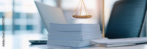 Stacked papers with scales behind a laptop in office.